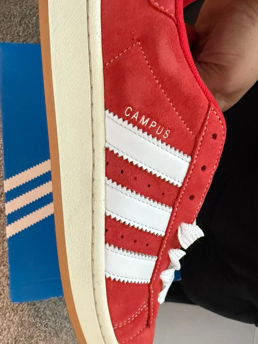 adidas Women’s Red Suede Sneakers with White Stripes